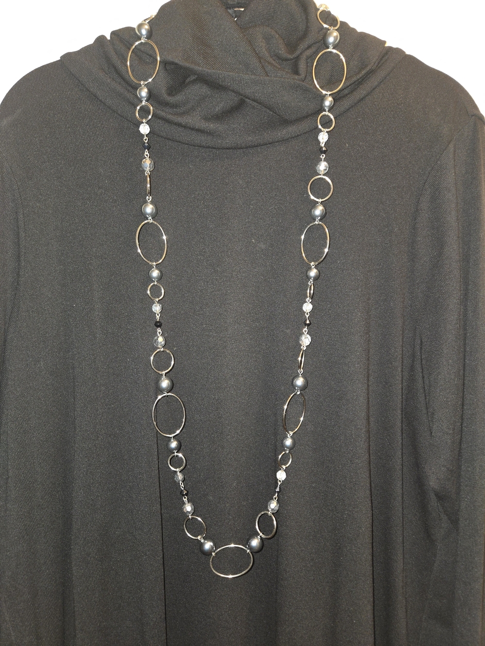 Lia Sophia Long Silver Link Necklace with Gray Beads - Women Jewelry